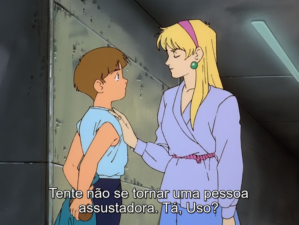 Katejina diz para Uso não se tornar uma pessoa assustadora (Episódio 5 de "Victory Gundam").