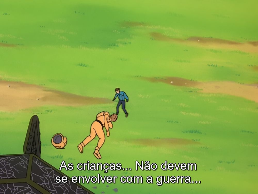 Watarry desaba no chão dizendo que crianças não devem se envolver com a guerra. (Episódio 6 de "Victory Gundam")