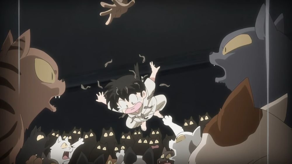 Com um colar cheio de peixes, Ranma criança é jogado em um buraco cheio de gatos (Episódio 1 da 2ª temporada de "Ranma 1/2").