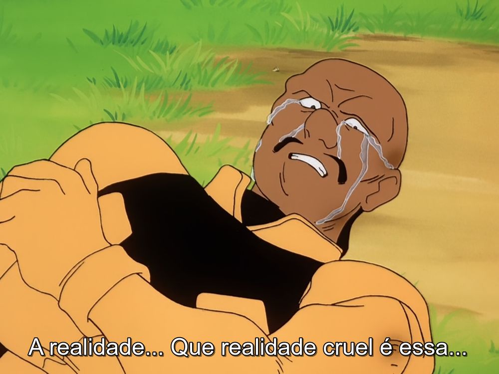 Com lágrimas nos olhos, Watarry se mostra desgostoso com a dura realidade que presenciou (Episódio 6 de "Victory Gundam").