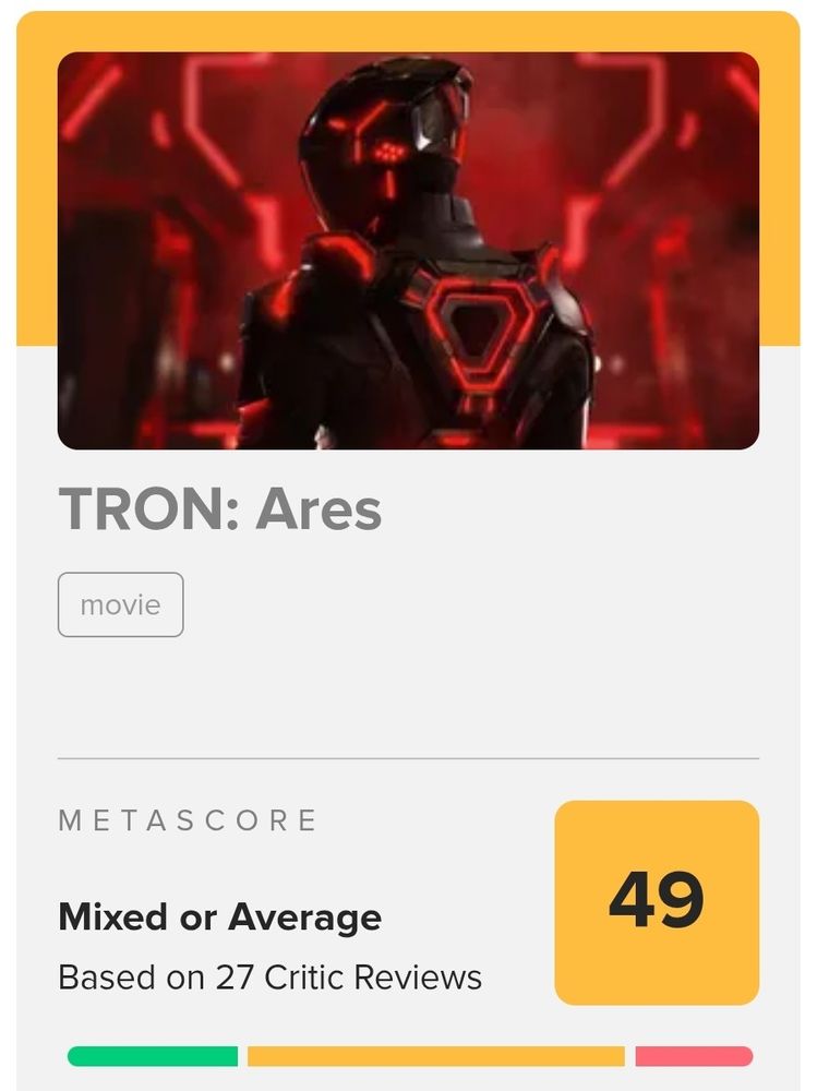 "Tron: Ares" está com 49 de score no Metacritic.