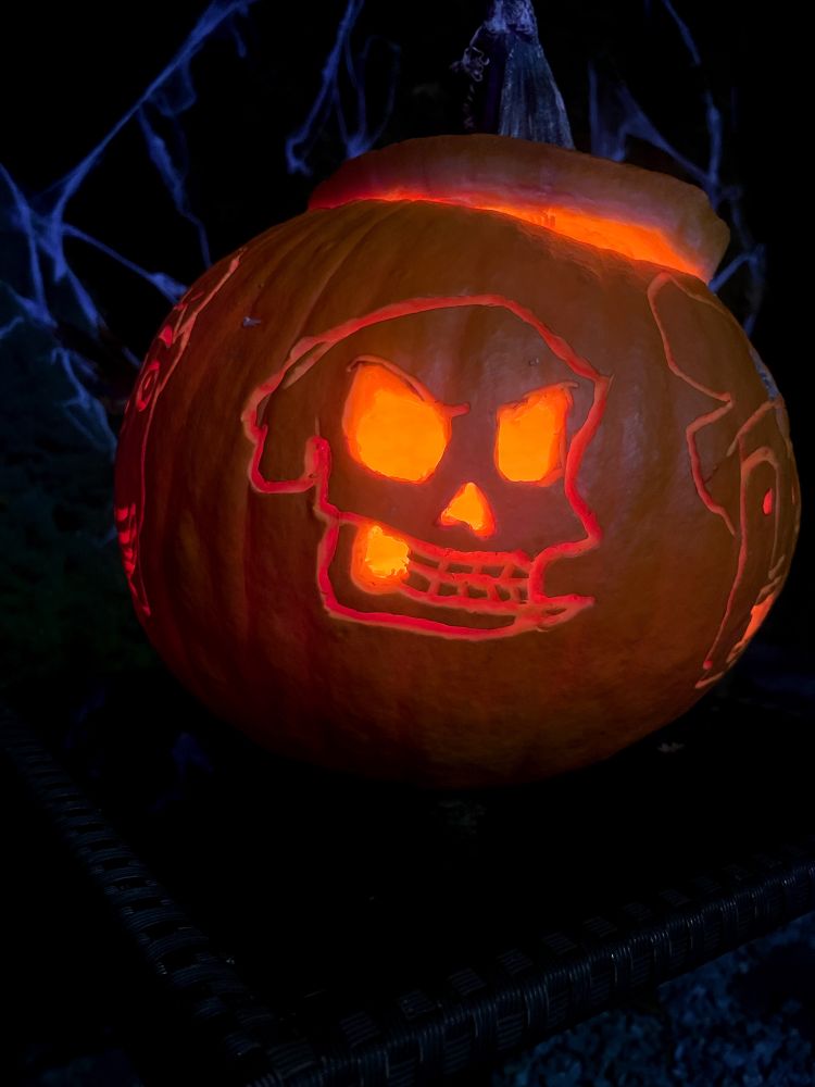 Murray the Skull carved onto a Jack-o'-lantern