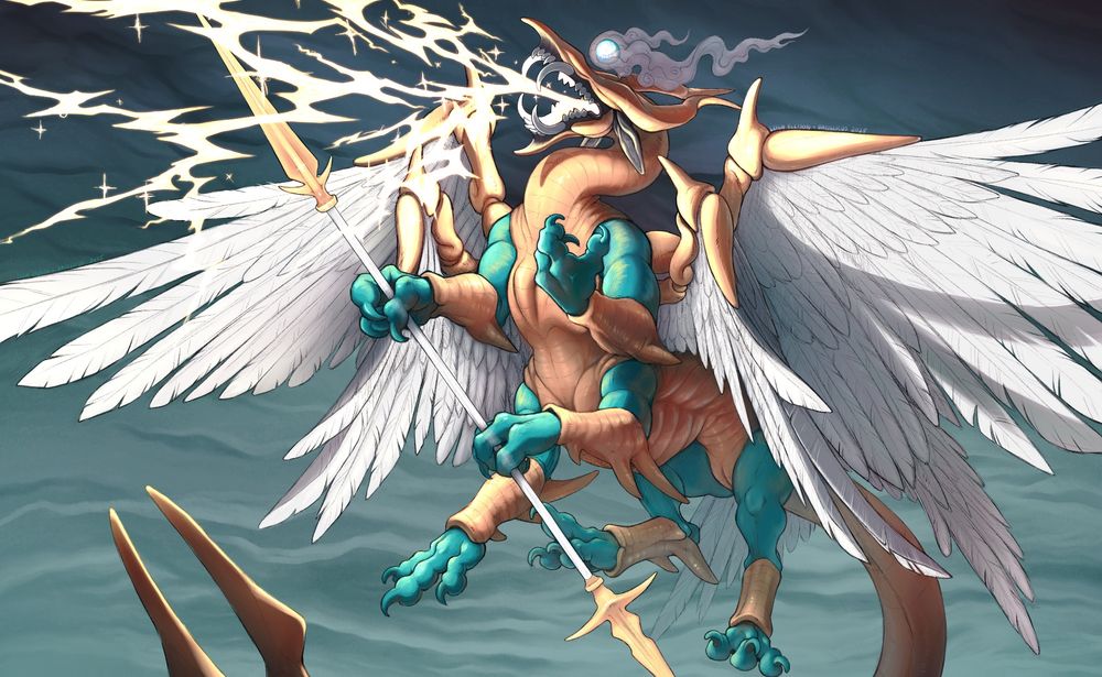 An illustration of a six limbed, six winged, gold-clad dragon flying in stormy skies, belching lightning.