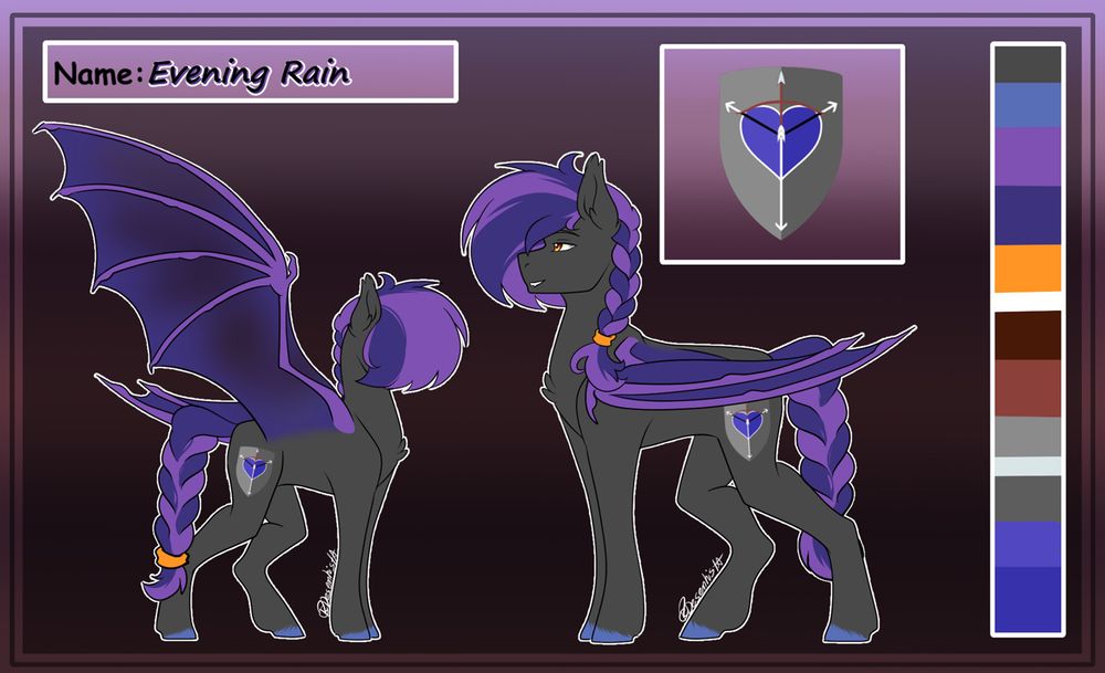 A ref sheet for the stallion of my batponies, Evening Rain, drawn by RC Desenhista.