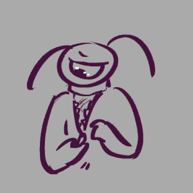 a simple sketch of the imposter zipping up their chest and looking sad, with a shiny wet eye and droopy antennae