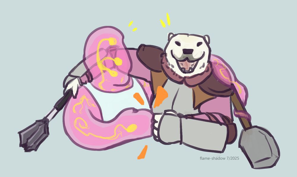 a digital drawing of two barbarian characters with an arm over the other's shoulder and fistbumping proudly. Each carries a mace in the hand that's over the shoulder. Notably, the left character is a pink Plasmid, a humanoid slime with visible yellow ganglia, and the right character is a polar bear wearing armor.