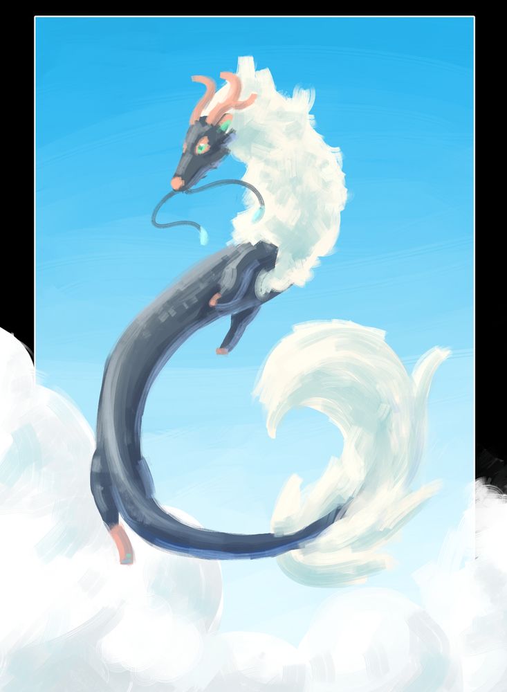 a rough digital painting of a long dragon character flying above some white clouds. her body is desaturated navy blue with some pale orange accents and horns, and her mane and tail fluff are white and wispy like clouds