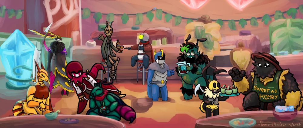 A collaborative illustration collage showing Bug Fables OCs occupying the Underground Tavern. It has some low tables, a bar, a soda can, some info boards, and is lit overhead by reddish crystals. Two wasps -one yellow and brown, the other green and purple- sit at one table while a bug dressed like a jester leans over to talk with them. A large bumblebee sits at the other table, and a small bee-like server offers a tray of drinks. At the bar sit a mantis and a ladybug chatting with each other. A blue beetle holds a drink out for a green bee to refill it from a pitcher. A moth with a bladed weapon stands off to the side and observes the scene.