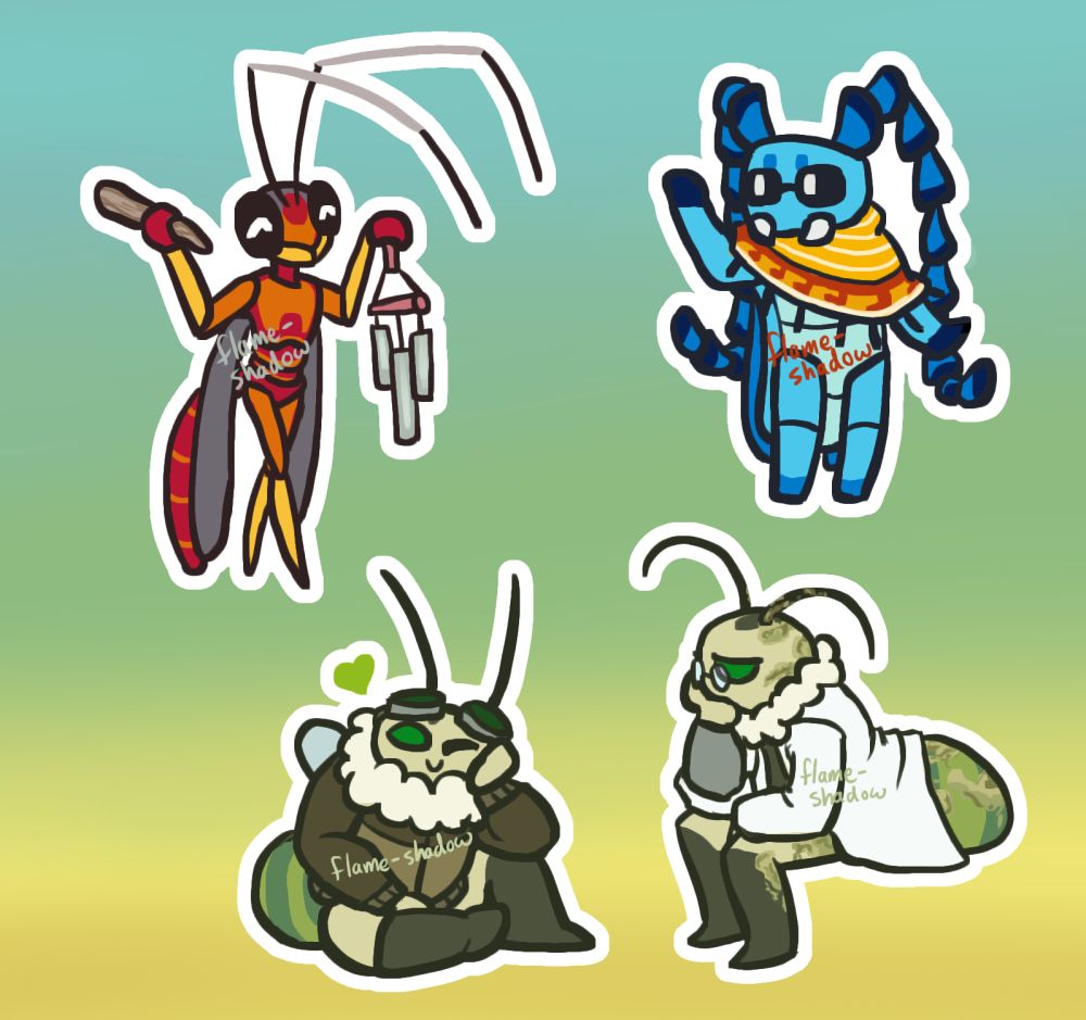 This third page of stickers has Terimere the red, orange, and yellow ichneumonid wasp, Brine the blue longhorn beetle, and Hessi the green mining bee. Terimere looks happy as he holds up some windchimes. Brine looks left and waves. Hessi has two drawings showing her at two different stages of her life- in the first, she's younger and wearing a brown jacket, and she sits, resting an elbow on a knee and smiling and winging flirtatiously at the viewer. In the second, she's older, has burn scars along her left side, is wearing a lab coat and glasses, and looks tired as she rests her chin on her hand.