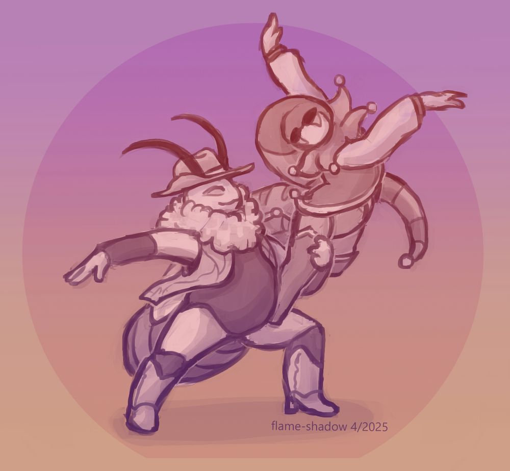 a digital sketch of two bug fables characters - hessi the bee dressed as a cowboy and polista the wasp dressed as a jester - in a partnered dance pose. hessi has a wide stance, allowing her left thigh to be the platform for polista who stands in a graceful ballet type pose. hessi holds the front of polista's standing leg to stabilize her.