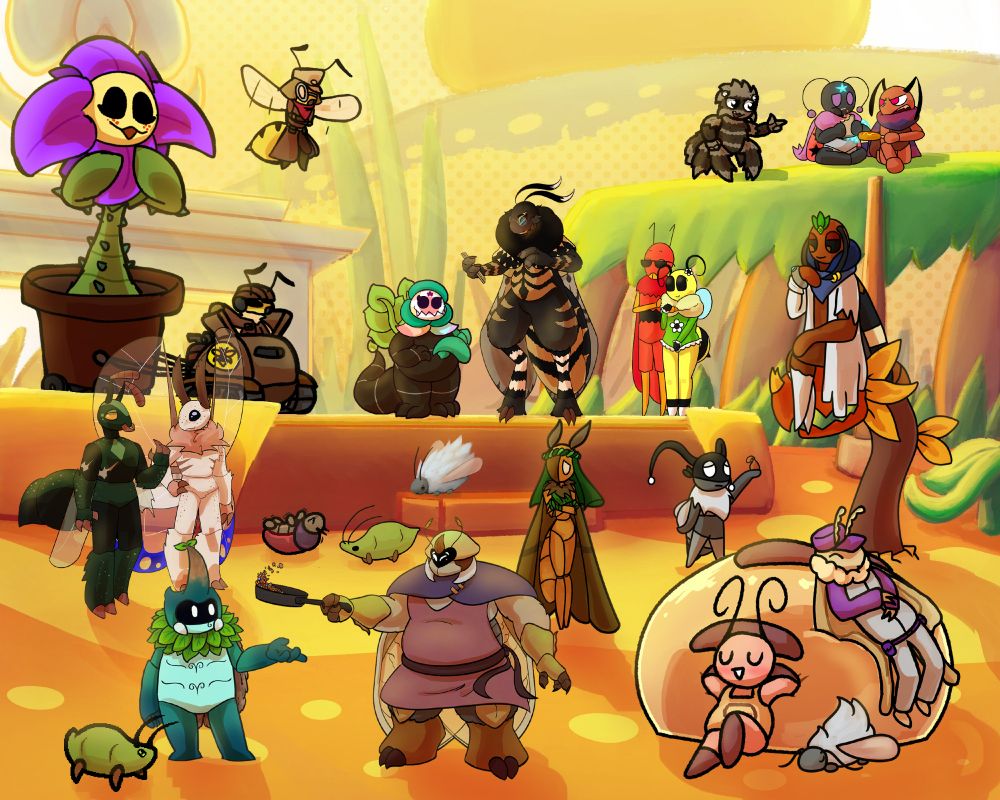 A collaborative illustration collage showing Bug Fables OCs occupying the center of Golden Settlement. On the stage, a large flower god in a pot is being pulled along by a wasp in a tank while another wasp flies nearby as escort. A dark bug with leafy components stands on the stage next to a death's head moth who is looking at something in their hand. A couple - a red wasp and a bee with a flower printed shirt - stand nearby. On the leafy roof of a shop in the background are some children - a brown jumping spider argues with an ant wearing a purple scarf while a ladybug eating a sandwich sits between them. On the ground, a green and black wasp walks and talks with a clear-winged butterfly. An overturned cochineal struggles while an aphid and a wooly aphid watch it. A brown moth looks nervous while observing the scene around her. A masked bee holds out an offering to a bug sitting on the head of a large chomper coming out of the ground. A beetle made of tree materials chats with a golden beetle cooking food in a skillet. An aphid nearby watches the food hopefully. A honeypot ant with a very full abdomen takes a nap while leaning against her abdomen; a moth companion lounges on the abdomen like a beanbag and naps as well. A wooly aphid sleeps on the floor next to them.