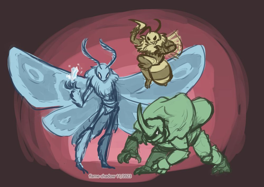 a colored sketch of team snakemouth from bug fables in battle-ready poses. leif the moth holds up some magic ice crystals. vi the bee is flying and pulls back her boomerang to throw. kabbu the beetle is leaning forward like a linebacker, brandishing his horn.