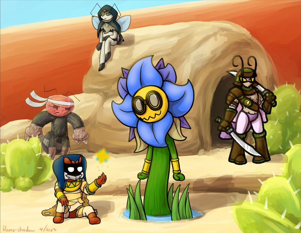 A collaborative illustration collage showing Bug Fables OCs occupying the place in the desert right outside the Bandit Hideout. There are some rocks piled in the background with an entrance there, while green cacti populate the sands. A pale bee wearing a dark green hood sits on top of the rocks while an armored pink mantis guards the entrance. An angry ant with spiky knuckles stands beside some cacti. On the sands, a mummy beetle sits next to a plant god coming out of a puddle of water.