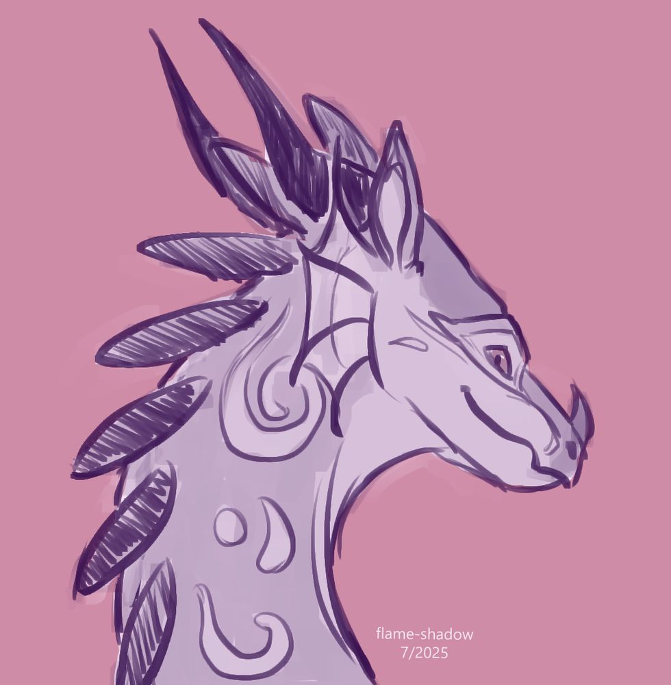 a digital bust sketch of a rainwing dragon character drawn in purple. she's turning her head slightly to look back to the viewer with a gentle smile