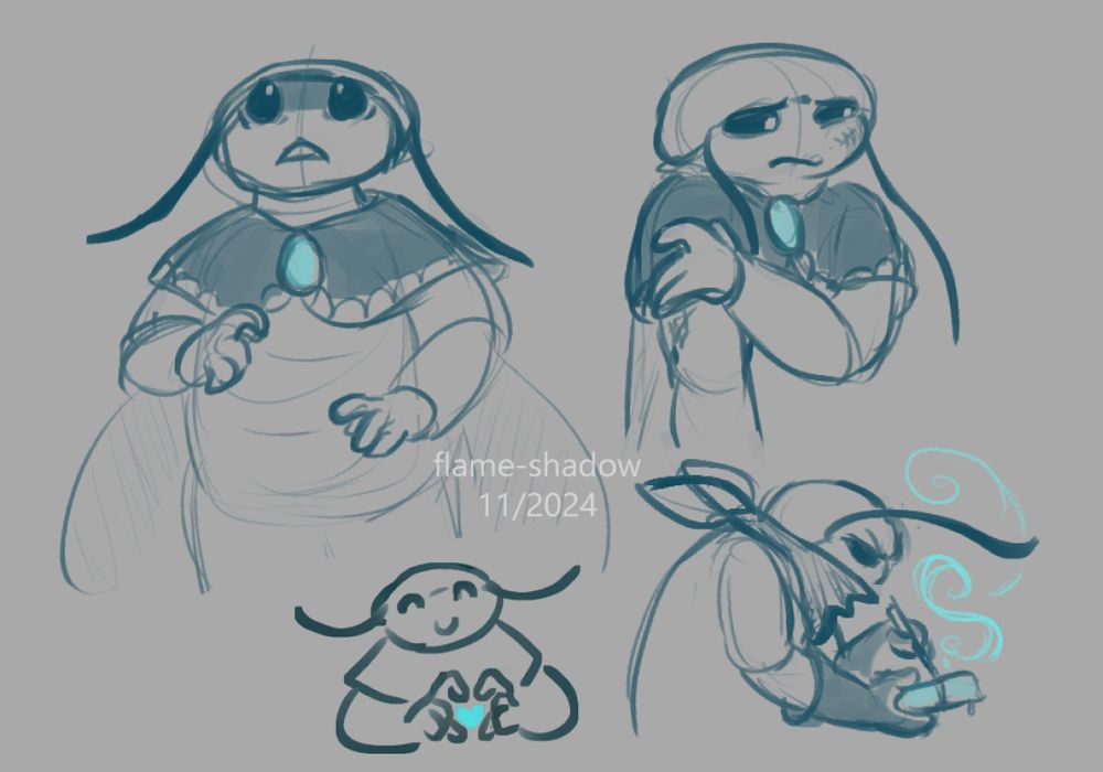 a few digital sketches of a bug fables oc, a roach named lorlei. xey wear a caplet with a cyan gem as the center clasp. in one sketch, xey look fearfully upwards. in another, xey are bruised and scratched up, holding xeir shoulder and looking glumly to the side. there's a small sketch of xem making a heart with xeir fingers. and the final sketch is of lorlei working on something; xey are wearing a cloth over their face while a cyan smoke curls from the material xey are working on