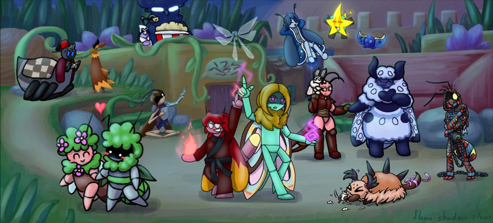 A collaborative illustration collage showing Bug Fables OCs occupying a part of the Ant Kingdom town market area at night. A large spider wearing a fez weaves a small web with a heart design. A brown moth watches this. A couple of plant-covered bugs walk hand in hand, a heart over them. A roach with a mechanical arm looks up at a six-winged drone flying above. On the building behind the roach, a hooded bug eats popcorn with a starry-patterned owl. In the air near the drone float a star-themed firefly, a star-shaped fruitybug, and a blue mothfly. Back on the ground, a fire-themed firefly poses with a luna moth. An earwig holds hands with a large leopard moth; a much smaller moth sits on the earwig's shoulder and looks up at the starry firefly. A madesphy acts dog-like, shaking its head to tear up a mothiva plush. A brown bug wrapped in bandages and shackles stands off to the side.