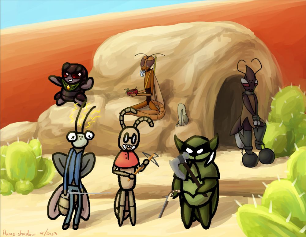 A collaborative illustration collage showing Bug Fables OCs occupying the place in the desert right outside the Bandit Hideout. This is part two with different OCs. A small pillbug posing confidently stands on a rock. Nearby, a brown bug sits and holds a bowl of food; a cordyceps tendril comes out of their mouth. A dark mantis with a heavy ball chained to each foot stands outside the entrance. On the sands stands a trio of bugs - a mantis with electrified antennae, a termite with glasses and a crossbow, and a beetle with a gun and an axe.