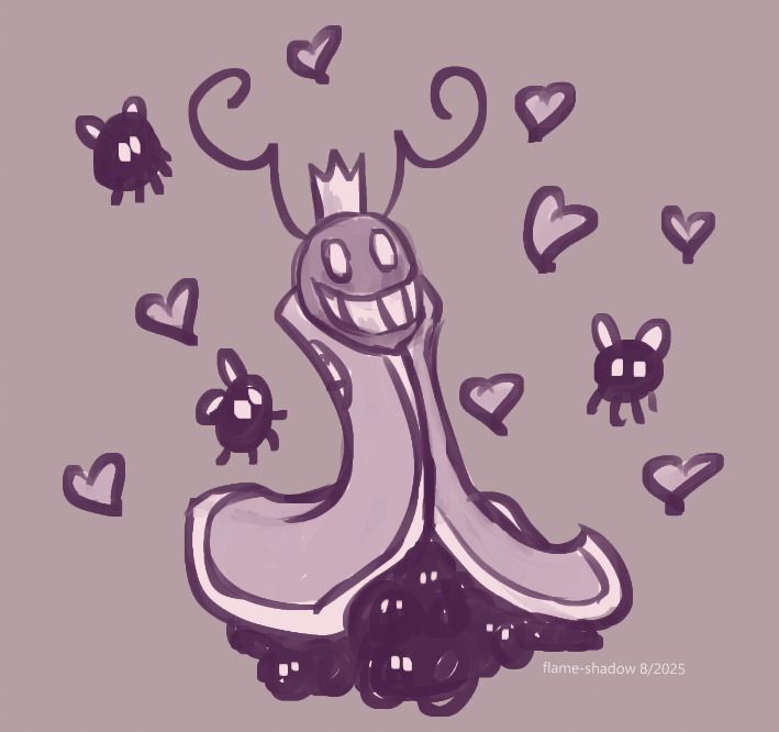 a digital sketch of false monarch looking happy and with mothflies and hearts surrounding them.