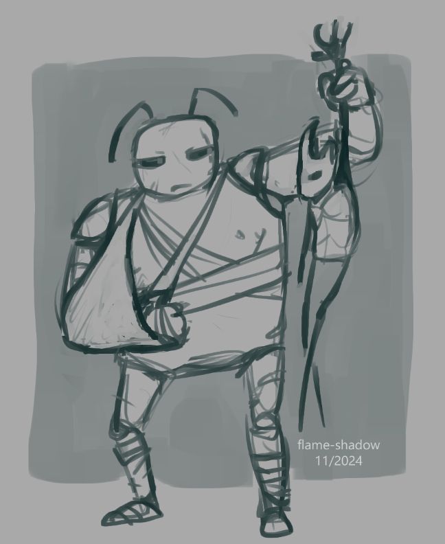 a sketch of two hollow knight ocs - one is a bulky, scarred, and bandaged great sentry holding up a smaller and much thinner beetle by his left arm to bring him to eye level. they're glaring at each other