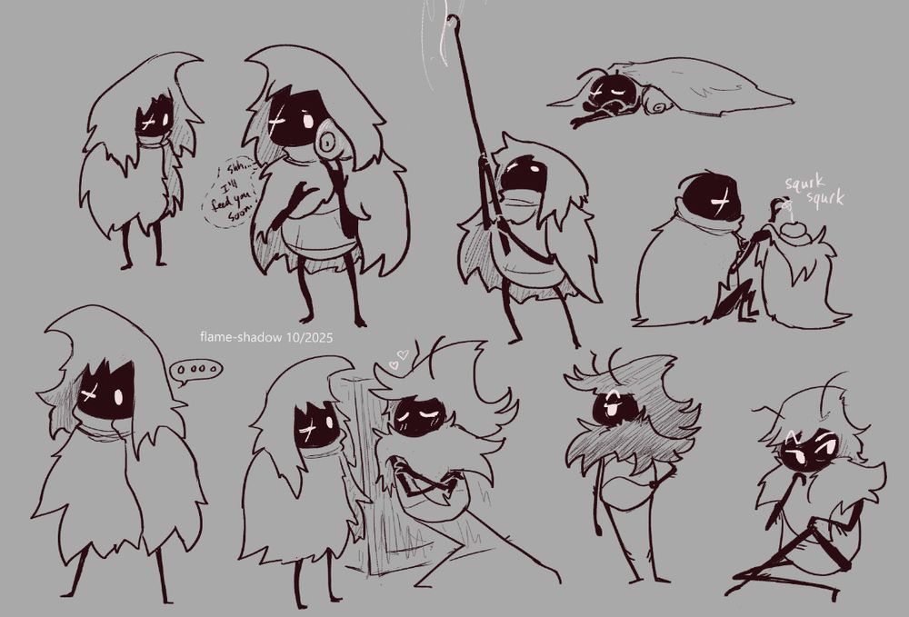 a collection of digital sketches of two OCs who resemble silk snippers, an enemy from Silksong. One of them, Maúl, wears a drooping hood-like hat and a longer cloak. His right eye is a closed line with a scar running over it. In some of the sketches, he has a silkeater under his hat. Cici, the other bug, wears a hat that droops down in the back like a mullet. She's got flirty, confident expressions.