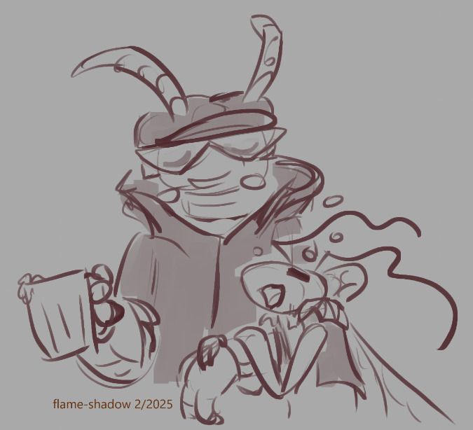a sketch of aesa holding onto diplo's left arm. aesa is drunk and wobbly, and diplo, a millipede with a hat and sunglasses, smiles as he provides support.