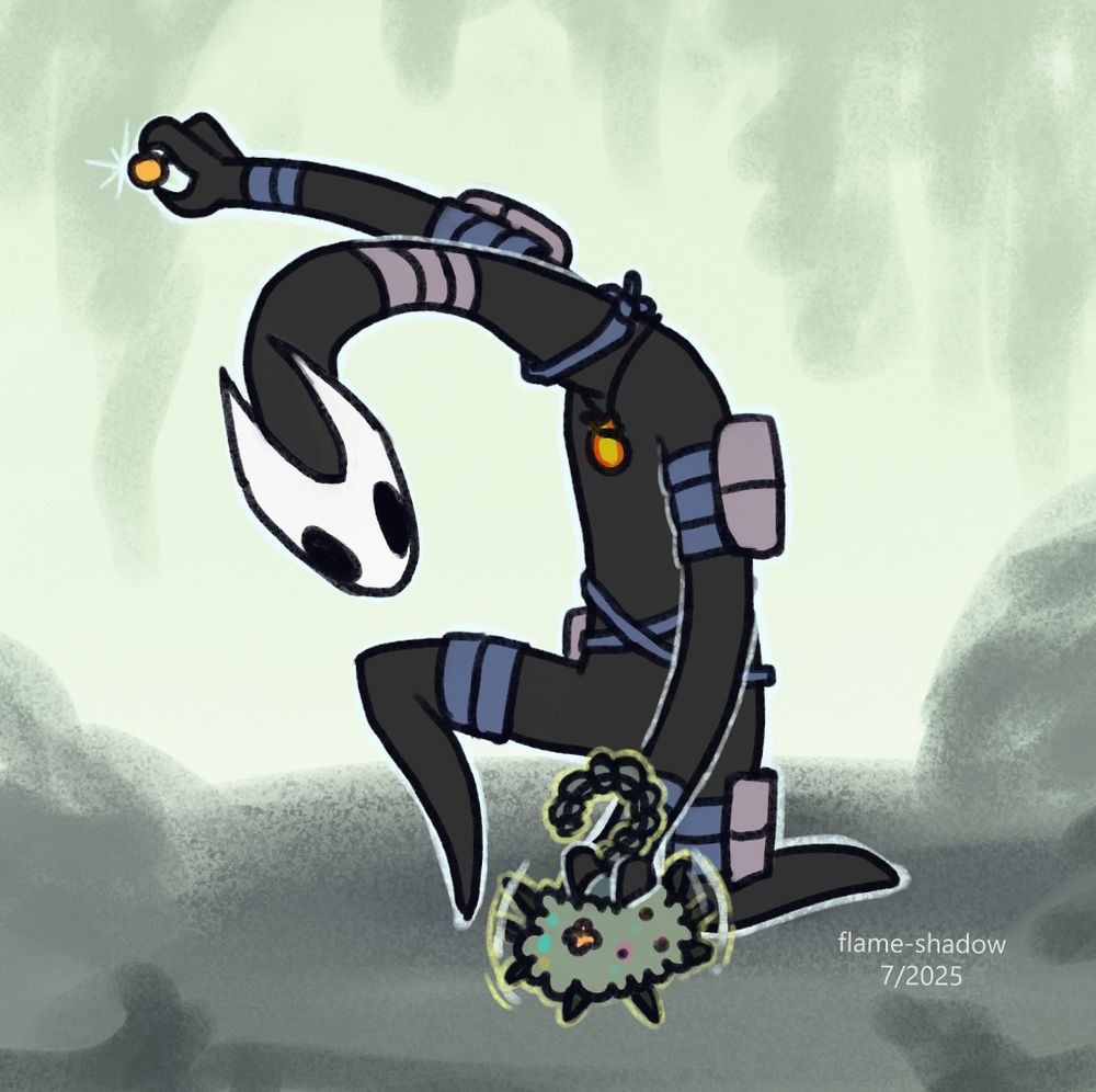 a digital drawing of two hollow knight OCs interacting. Lanky is a tall, long-armed vessel character wearing straps and packs on their limbs and hips. They are holding a golden shiny object up in their right hand while putting their left hand on the head of a tiny mosskin. The little mosskid flails his tiny arms in a frustrated yet vain attempt to free himself and retrieve the object.