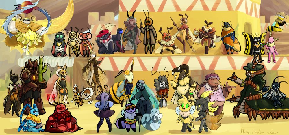 A collaborative illustration collage showing Bug Fables OCs occupying the main thoroughfare of Defiant Root. There is a lot of sandy ground space plus a second level where bugs stand on the roof of the low buildings. The way to the market is just visible in the background. This image is busier than most of the others to represent a crowded street on market day. On the second level are: A floating beetle god with light energy wings and a sun motif. A trio of bugs - ladybug, yellowjacket, and dragonfly- looking with awe or skepticism. A ladybug crouching in the shade and smirking. A bug leaning against the wall and covering their face with a hat. A cricket wearing a brown jacket and holding a revolver. A short wasp with daggers, a taller wasp wtih a spear, and a wasp-like fly with a maul. A bug wearing the Defiant Root triangle pattern and looking annoyed. A butterfly and moth couple sitting and sharing some drinks. A bee sitting on a crate and looking away from everyone else.
On the ground are: Two armored bugs carrying pots of flowering cacti. A blue longhorn beetle and a red bee with electic antennae having a therapy session. A lacebug and a fairywasp chatting. A tall slender mantis floating on a sandy wind. A bee princess dancing. A group of four bugs - one holds their veil out to offer a short bee shade; a bee ghost giggles while another bug looks on aghast. A fluffy bug with a visor and sword listens as a large moth tells a story. A bee and moth couple holding hands. A large ladybug fingergunning at a millipede who fingerguns back; there is a black ensign wasp sitting on the millipede's back.
