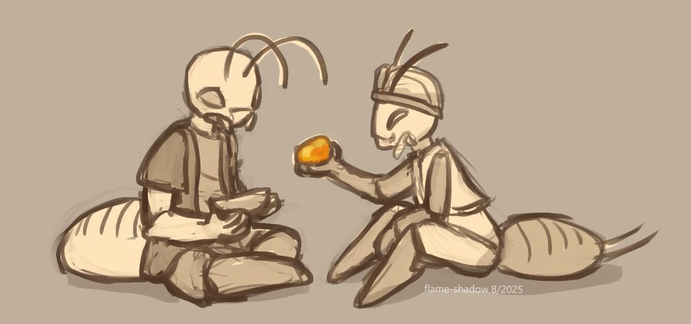 a digital sketch of two bug fables npcs, elom and tekci, mole crickets casually sitting on the floor facing each other. elom has his legs crossed, is slouching a bit, and has a bowl in his lap. tekci has her knees bent and is leaning forward, smiling, and offering a golden honey drop.