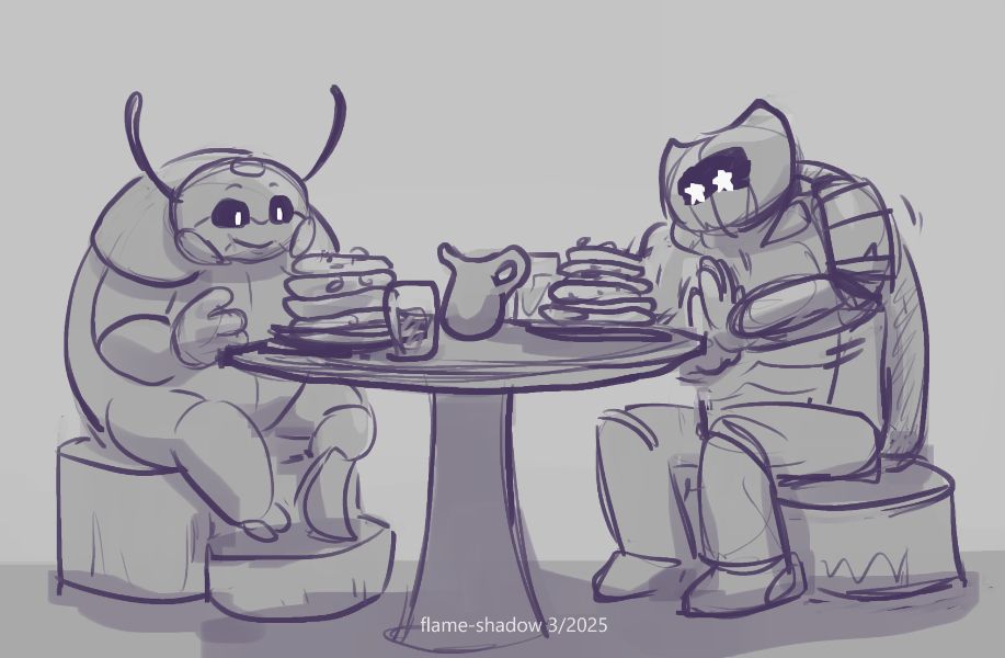 a shaded sketch of two bug fables ocs sitting at a table with stacks of pancakes in front of them. both are ironclad beetles. on the left is julian who is stout and bulky and has a metal prosthetic for their lower left leg. on the right is pilla, a taller and more visually muscular beetle who is rubbing her hands together eagerly as she looks at her pancakes