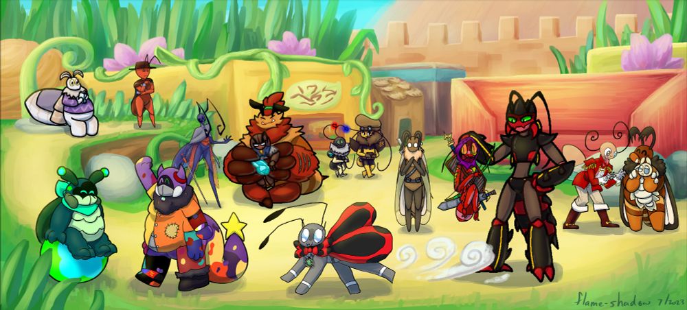A collaborative illustration collage showing Bug Fables OCs occupying a part of the Ant Kingdom town market area in daytime. This one has different characters from the previous one. A moth with a large abdomen sits and reads. An ant wearing a hat looks over the scene. A green beetle sits on a ball and smiles at a purple beetle with a tail who waves. A tarantula hawk wasp talks with a giant bee and a much smaller roach in the bee's arms. Coming out of a shop in the back are two bees, one with red and blue arrows on their antennae and the other with a big hat with goggles. A ladybug with a medalion in her mouth scurries on all-fours away from a very tall beetle who holds a pathetic roach by the hood. A moth watches this scene uncomfortably. An ant in a red jacket leans over to look the larva that a moth holds.

