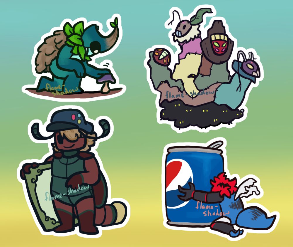 This final page of stickers has Barky the tree-like beetle, Tree the mothfly colony, Corey a firefly, and Pepsi a zombie bee. Barky has bark for elytra, leaves as a collar, and a woody horn. They are bending down and patting a small mushroom. Tree is just standing around- it is composed of four false citizen-like branches that each have a weird mask and they're all connected by a patchwork of fabrics; there is a mass of mothflies peeking from underneath. Corey is a sedate red-brown and teal colored firefly with tan hair and a blue cap; they have a neutral pose and pleasant smile and hold an empty picture frame at their side. Pepsi is kneeling on the ground and hugging a can of pepsi that has been opened.