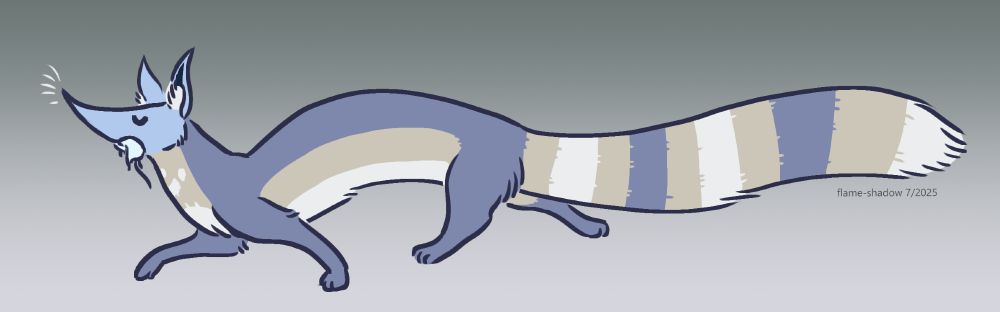 a digital drawing of a long, fox-like creature with a pointed snout, pointed ears, and a long, fluffy tail. it's colored desaturated blue hues, plus beige and white - the tail is striped with the darker blue, beige, and white. the creature is holding a pale mouse in its mouth and struts proudly to the left.