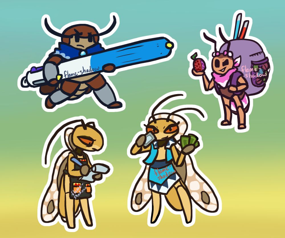 This second page of stickers has Lorlei, a roach, Gina, an ant, and two drawings of Aesa, a lace bug. Lorlei is running and holding a large pen that can carry multiple cartridges. Gina has a large lavender backpack on, a pink bandana around her neck, and is holding a poison bomb in her right hand. Aesa has two poses- in the first, she's tired and slightly hunched as she takes an order on a notepad. Inn the second, she's standing confidently while holding spy cards.