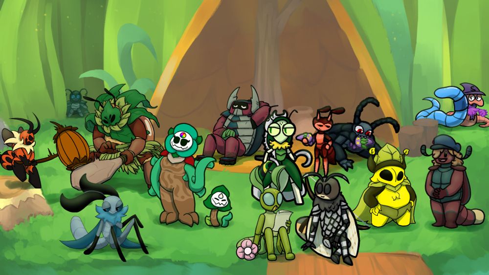 A collaborative illustration collage showing Bug Fables OCs occupying the fishing village in Far Grasslands. There is tall grass all around and a large open tent with clear space all around, and a dock barely visible going toward the viewer. In the very back is a small ladybug in the shadows of the grass. He watches an orange and black bee fight a larger beetle wearing leaves; the bee wields a large wooden hammer, and the beetle has a large stone club. In the tent, a large red and teal beetle leans against the center support and naps. A plant themed after the TP symbol and a small sprout that looks similar wave toward the viewer. a blue damselfly sits nearby. A mantis holding small scythes looks warily at the battling bee and beetle. Behind the mantis, an ant watches a dark grey beetle eating an underling seedling like a creature. a bug-shaped plant with a flower on the end of their tail sits next to a friendly moth wearing scaled armor. A yellow leafbug with hands on their hips listens to a dark red-brown firefly wearing a hat. Out of the way of everything else, two earthworms - one blue and one pinkish - watch the scene.