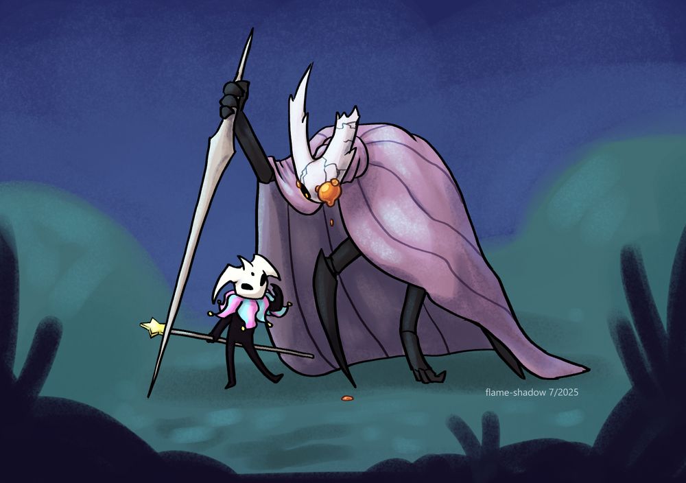 a digital drawing of two hollow knight vessel ocs. a large, thk sized vessel slumps and braces themself with their nail. their left horn is broken and cracked, and they have infection bubbles coming out of their left eye socket and dripping to the ground. a faded red cloak drapes over much of their body. the smaller vessel wearing a pink and blue jester's collar complete with yellow jingle bells, stands fearlessly under the nail of the other vessel. she cutely points to her left eye, teasing her sibling about the infection.