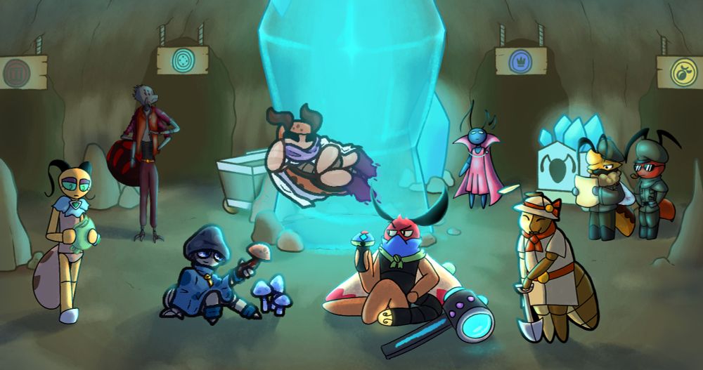 A collaborative illustration collage showing Bug Fables OCs occupying the central ant mines. There is a massive ble crystal acting as a central column and light source with tunnels radiating from it. An ant looks at some paperwork. A spider contemplates the crystal. A bug wearing a mushroom hat holds up a mushroom; a firefly holds up a mechanical mushroom while a glowing blue hammer lies nearby. A ghost-like roach floats above and between the two. A gynandromorph ant stands nearby with a shovel. In the back, a bug wearing a pink dress and cape contemplates the large crystal. A bee and ant dressed in military gear exit a tunnel while looking at a map.