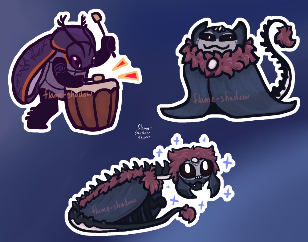 A digital sheet of stickers of Hollow Knight OCs. Babao is a purple beetle striking a drum with a mallet while her other mallet is held overhead; there is a thorny vine motif decorating what's visible of her elytra. Next, is Chalice, a nosk who is disguised as Soul Master but with a tail curling up. On the bottom is Chalice in nosk form which is long, has wings, an upside-down soul master head with the "cat ears" becoming mandibles. His eyes are large, and he has sparkles around his head.