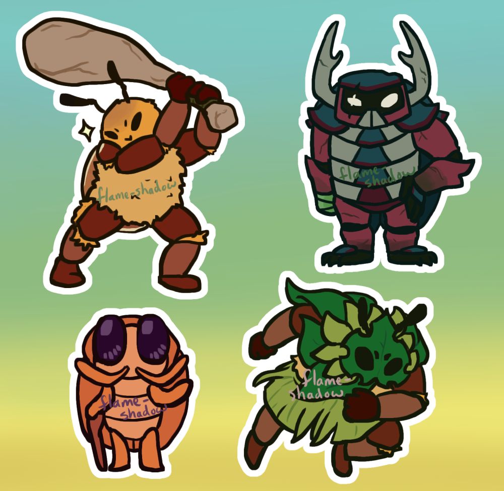 This post has four images, each is a page of four stickers of different Bug Fables OCs. In this image are four drawings of beetle characters. Magnolia, a red and yellow junebeetle looks determined and holds her large club like a bat. Besar, a red and blue beetle with a missing right hand stands and looks toward the viewer; his right eye has a scar over it. Jim, an orange ladybeetle, stands with a cane in one hand and is waving with the other hand. Finally, Magnolia again, this time wearing leaves as a mask, collar, poncho, and skirt; she is rushing forward like a rugby player.