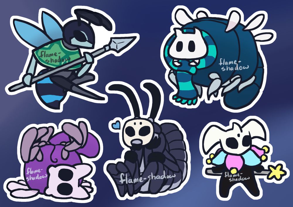 A digital sticker sheet of five Hollow Knight OCs - a blue wasp, a blue boofly, a purple boofly, a grey stick bug, and a jester vessel. All are drawn in a rounded, simplified style, and each character is surrounded in a thick white border.