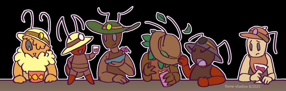 an illustration of the location themed miner ants from bug fables at a bar. From left to right, Vivi the bee loving ant happily looks down at her mug that's decorated with honeycombs. The shortest ant is standing on the bar and holding up a small shot glass to toast with her neighbor, the golden settlement ant who wears a green helmet with a wide brim and holds up a drink with a cutesy umbrella sticking out. The grassland ant is having her helmet pushed down by the small angry ant to her right; there are some leaves that have dislodged from the grassland ant's helmet and hang in the air. Finally, a nervous looking ant has scooted slightly away from the angry ant to keep her wine glass from getting knocked.