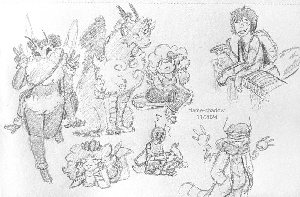 a page of pencil sketches of various characters. a bee girl looking cute and giving peace signs. a sharp woman with big hair propping her chin on her hands. a fluffy dragon sitting and listening while a girl with poofy hair and a bow explains something. a robot wasp interacting with a small velvet worm. a firefly scientist with electric arms coming from a pack on his back. a spider person leaning on a railing and casually chatting with someone off-screen.