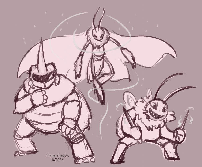 a digital sketch of team snakemouth, the player team in bug fables. leif the moth is in the air with magic and snowflakes swirling around him. kabbu the beetle is in a sturdy martial arts guarded stance. vi is ahead of them both with an electrified needle in each hand and a maniacal, eager expression