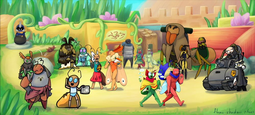 A collaborative illustration collage showing Bug Fables OCs occupying a part of the Ant Kingdom town market area in daytime. A beetle cooks in a cauldron. A moth on a bench chats with a butterfly. A small moth sits on the shoulder of a large ant soldier who is talking with a honeypot ant. An ant in a dress chats with a moth. A beetle acompanies an ant princess and a grasshopper. A mantis chats with a red ant who wears a blue scarf. A large sun spider stands near a building; a small bee rides on their back and a wasp stands nearby. A termite in a tank talks with a mantis sipping a drink.