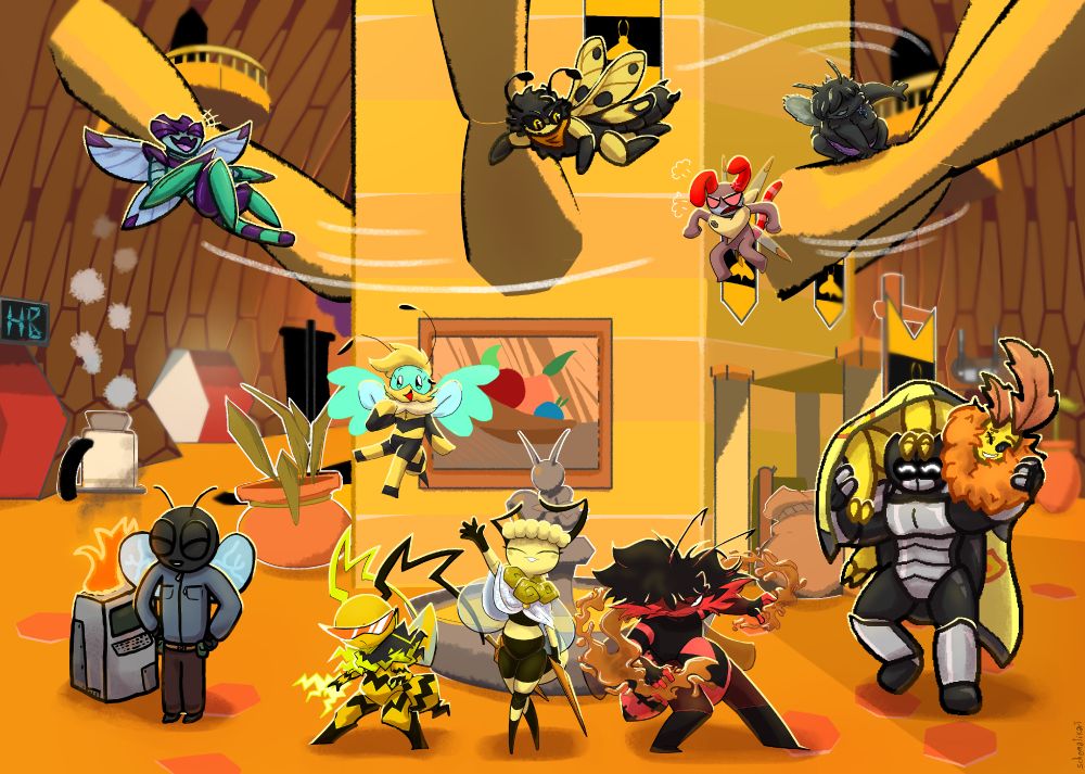 A collaborative illustration collage showing Bug Fables OCs occupying the main chamber of the Bee Kingdom Hive. There are supports between the central structure and the outer walls, and around these zip some flying bugs. A teal and purple damselfly is in the lead, laughing at the angry red and brown dragonfly who is lagging. A yellow and black owlfly also looks at the dragonfly. On one of the supports is a dark drainfly who watches excitedly. Lower down, there is a bee with goggles flying above the honey fountain. In front of the honey fountain pose a trio of bugs- an electric-themed bee, a graceful bee with curled bangs, and an edgy red and black bee. To one side of the fountain is a fly standing proudly next to a machine that has caught fire. On the other side of the fountain is a playful couple - a yellow moth being held up on the shoulders of a large beetle.