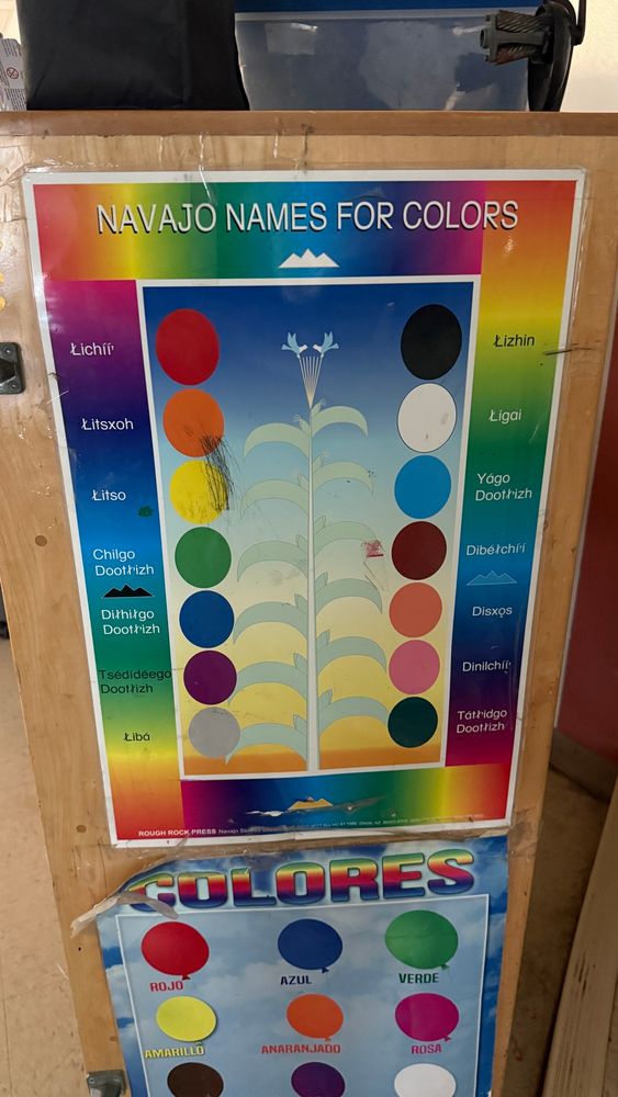 A poster showing the names of the colors in Navajo (Diné), above a poster showing the names in Spanish. Seen in an elementary school in Albuquerque.