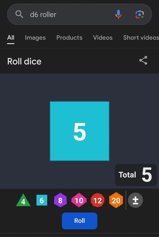 Google d6 dice roller showing a 5