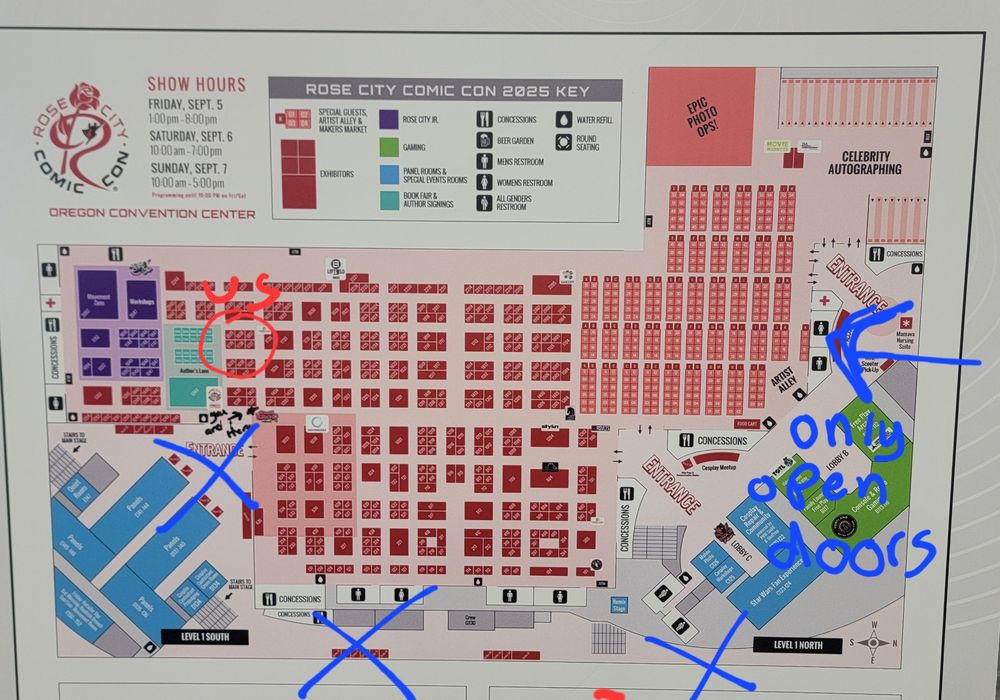 A photo of the rccc map. X's are drawn over many of the labeled entrances leaving the vast majority of the vendors far away from any entrance.