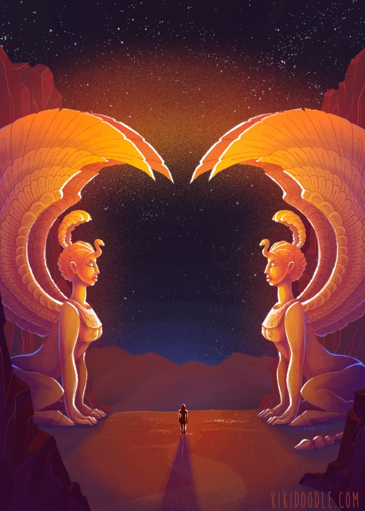 Two sphynx statues face one another as a silhouette of a boy walks past them. It's a desert scene with a night sky. The sphynx statues are illuminated with light.