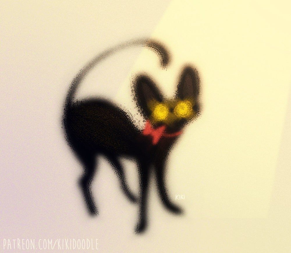 A very blurry drawing of a black cat with glowing yellow eyes. 