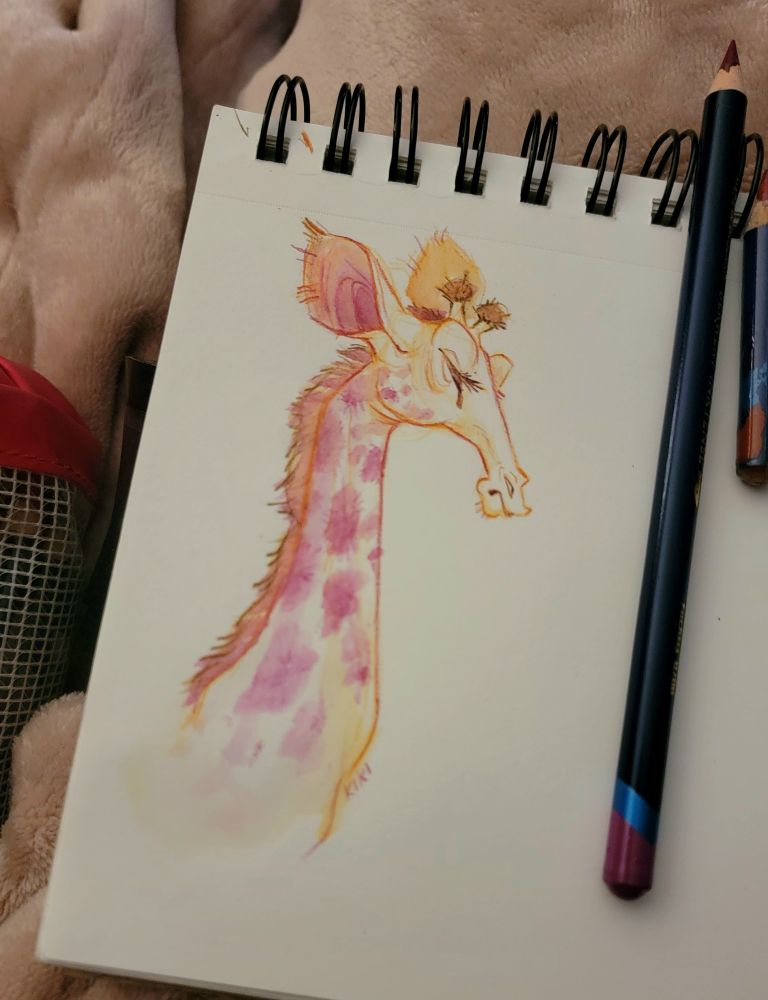 A watercolor pencil sketch of a giraffe as it looks in the brain of Kiki. 